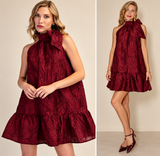 D8594 Tie Neck Floral Mini Dress-Burgundy