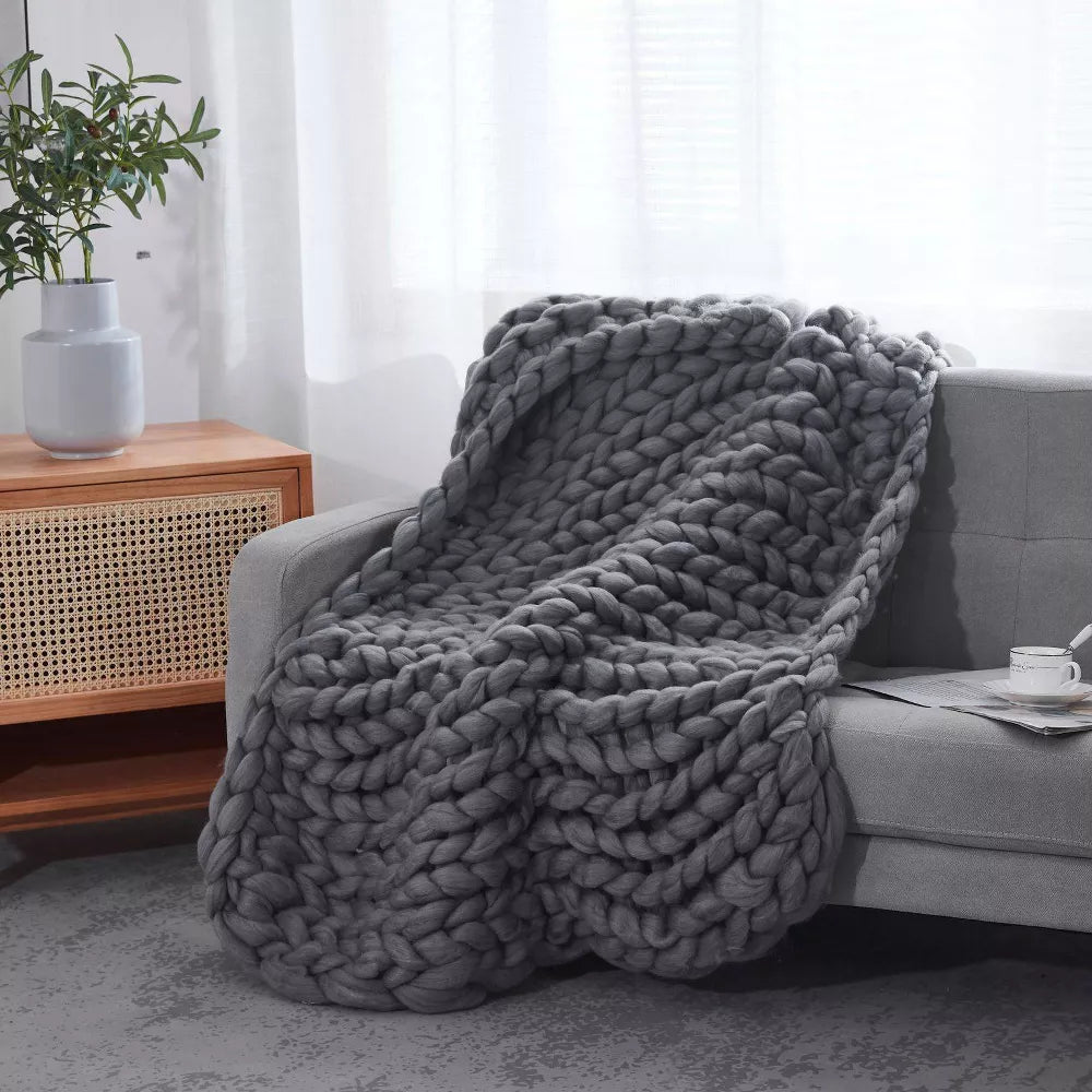 Chunky Knitted Dark Gray Throw Blanket