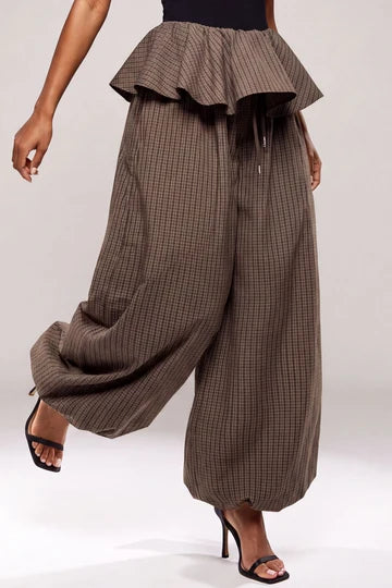 HP3023 Brown Checkered Balloon Pants