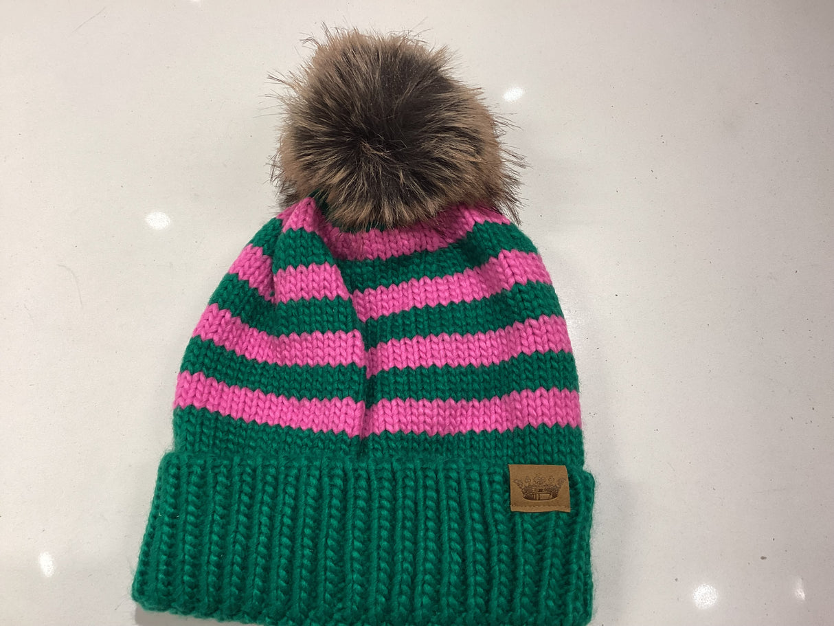 H-918 Green & Pink Striped Pom Hat