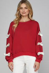 SY7452R Long Sleeve Knit Top w/ Red Tie Ribbon