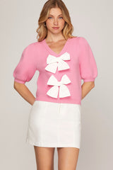 SY7696 Short Puff Sleeve Bow Front