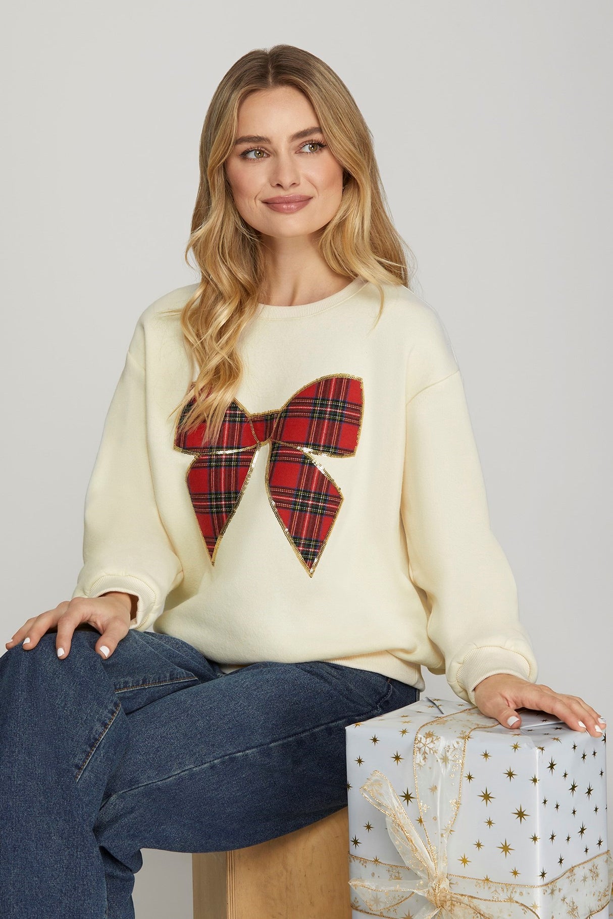 SY7848 Long Sleeve Christmas Plaid Bow Knit Top