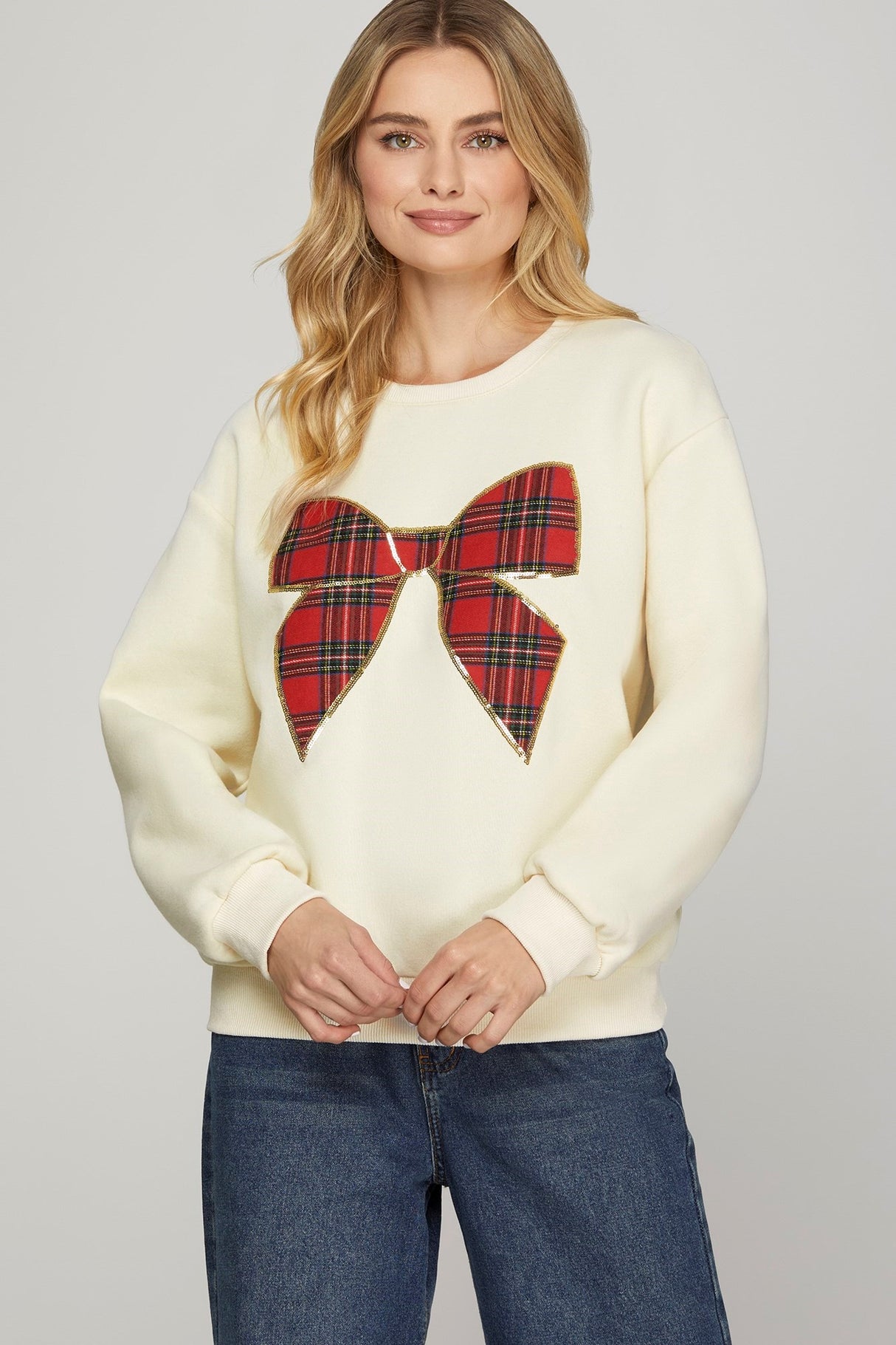 SY7848 Long Sleeve Christmas Plaid Bow Knit Top