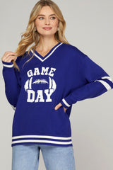 SY7915 Game Day Long Sleeve V Neck Varsity Sweater Top