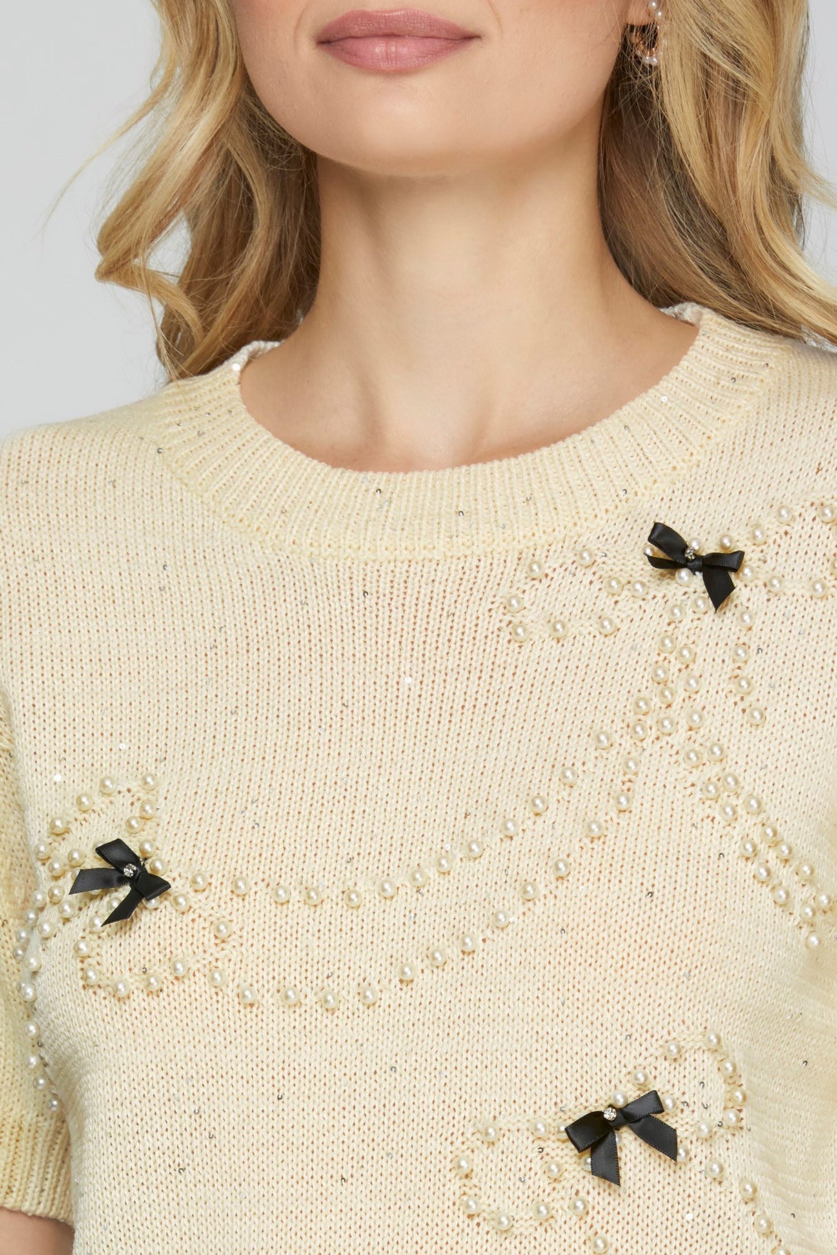 SY7944 Short Sleeve Pearl Bow Sweater