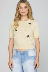 SY7944 Short Sleeve Pearl Bow Sweater