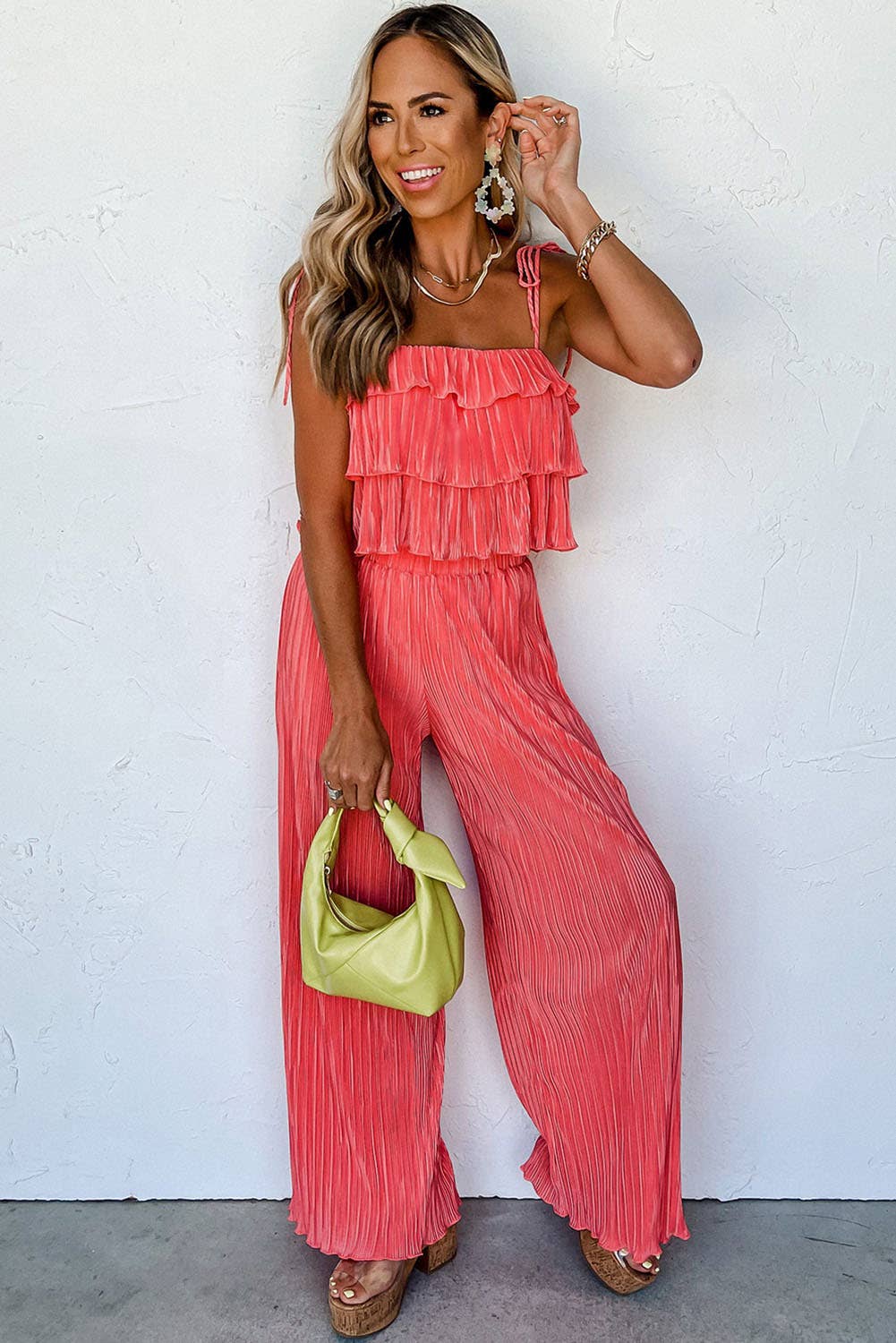 Ruffle Tiered Cami Pleated Wide Leg Pants Set