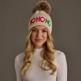H-802 Beige Ho Ho Ho Knit Pom Hat
