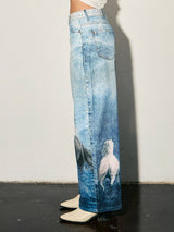 Viral Horse Digital Print Baggy Wide Jeans