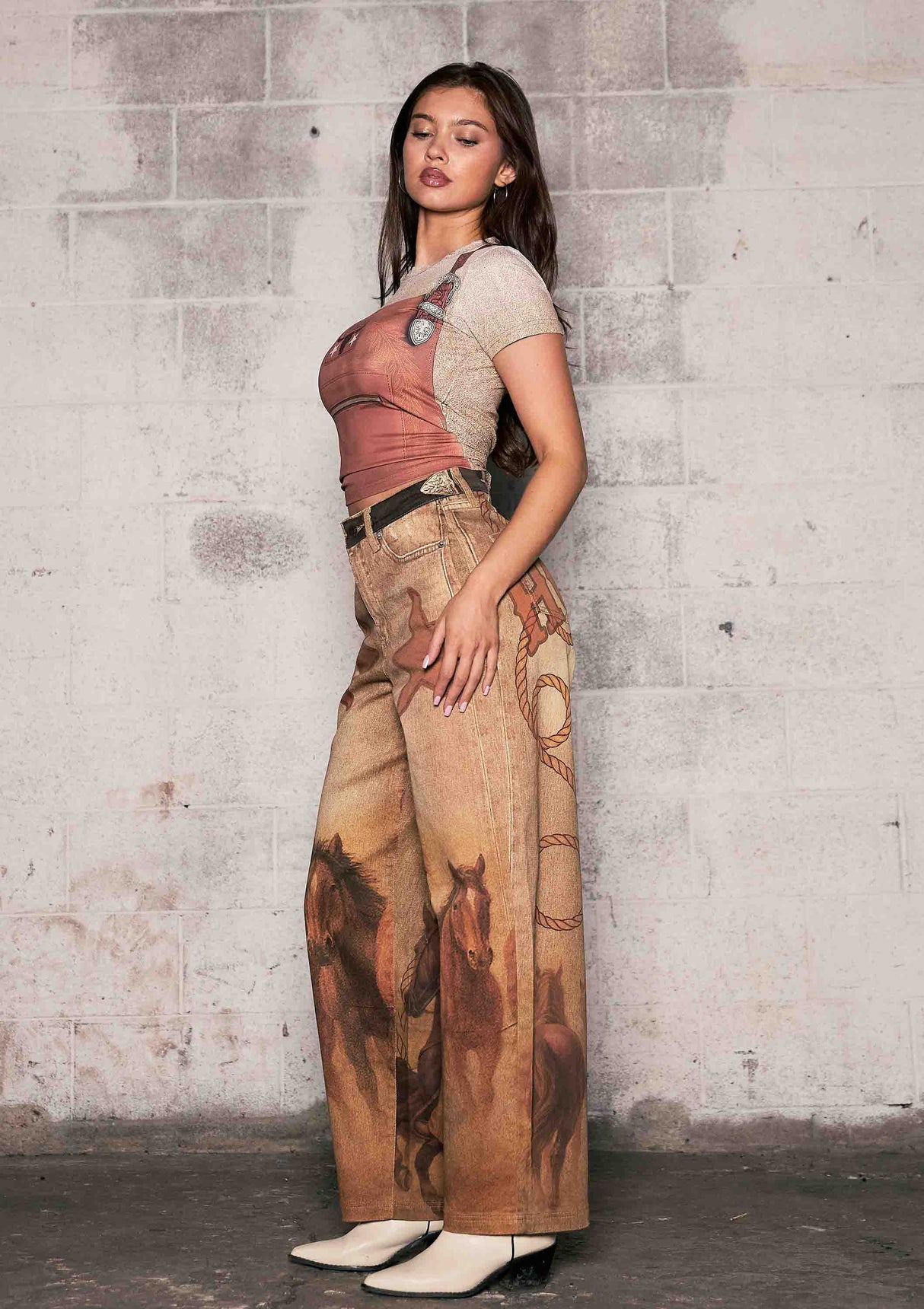 Cow Boots Digital Print Wide Leg Jeans
