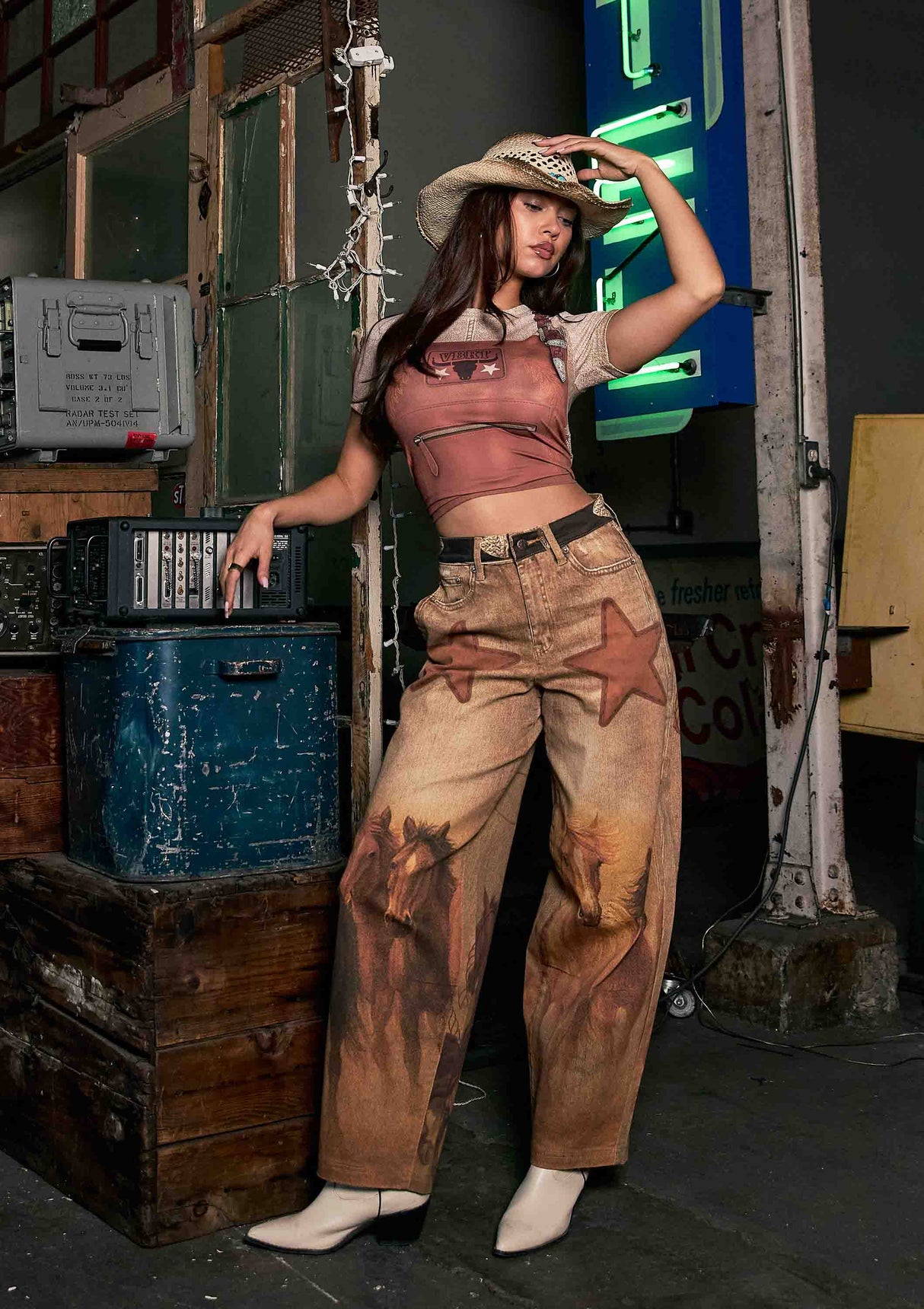 Cow Boots Digital Print Wide Leg Jeans