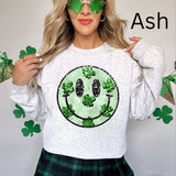 Faux Sequin smiley crewneck with shamrocks st patricks day