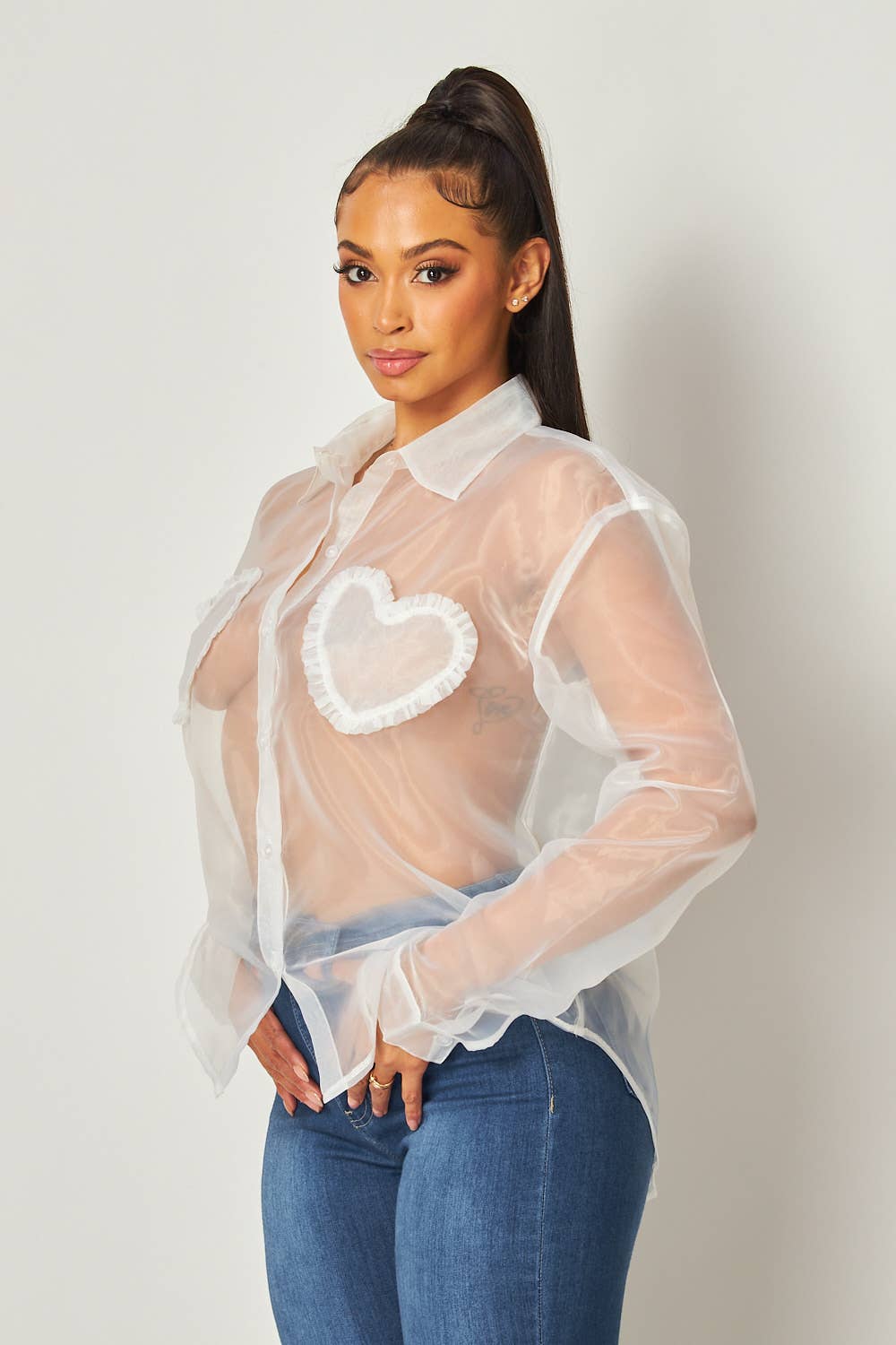 Blushing Hearts Organza Patch Button Up Shirt (HGT9203A)