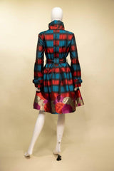 Yarn-Dyed Plaid & Floral Brocade Dress-Coat Pocket - 17244