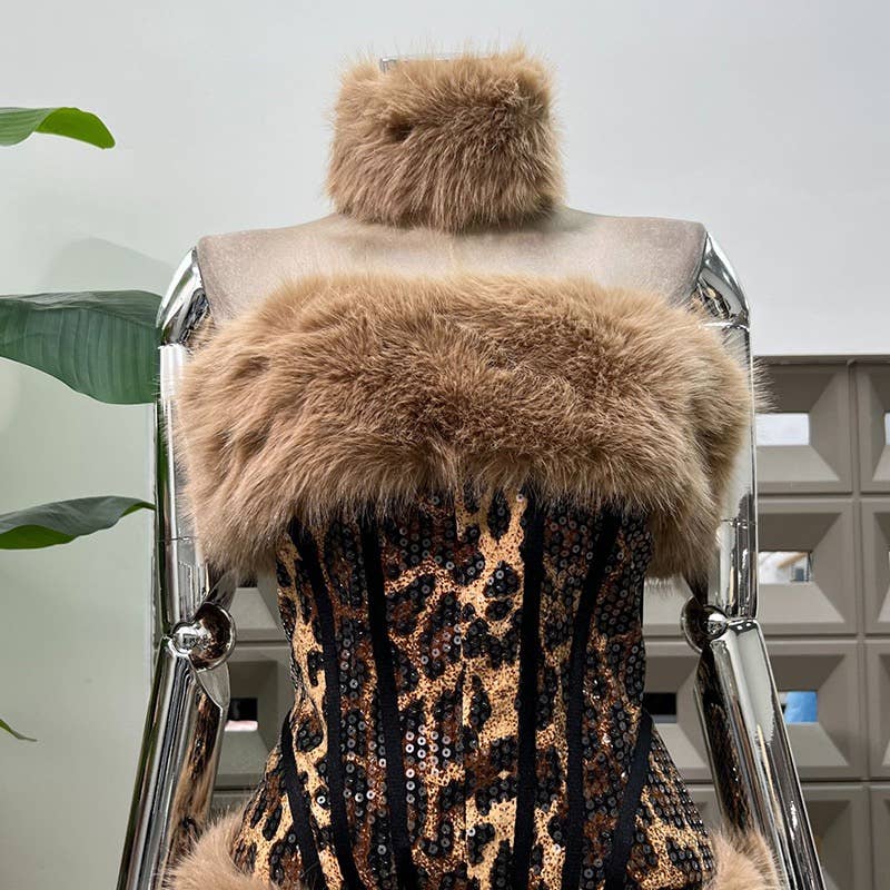 59Y Leopard Sequin Tube Top with Eco-Fur Three-Piece Set