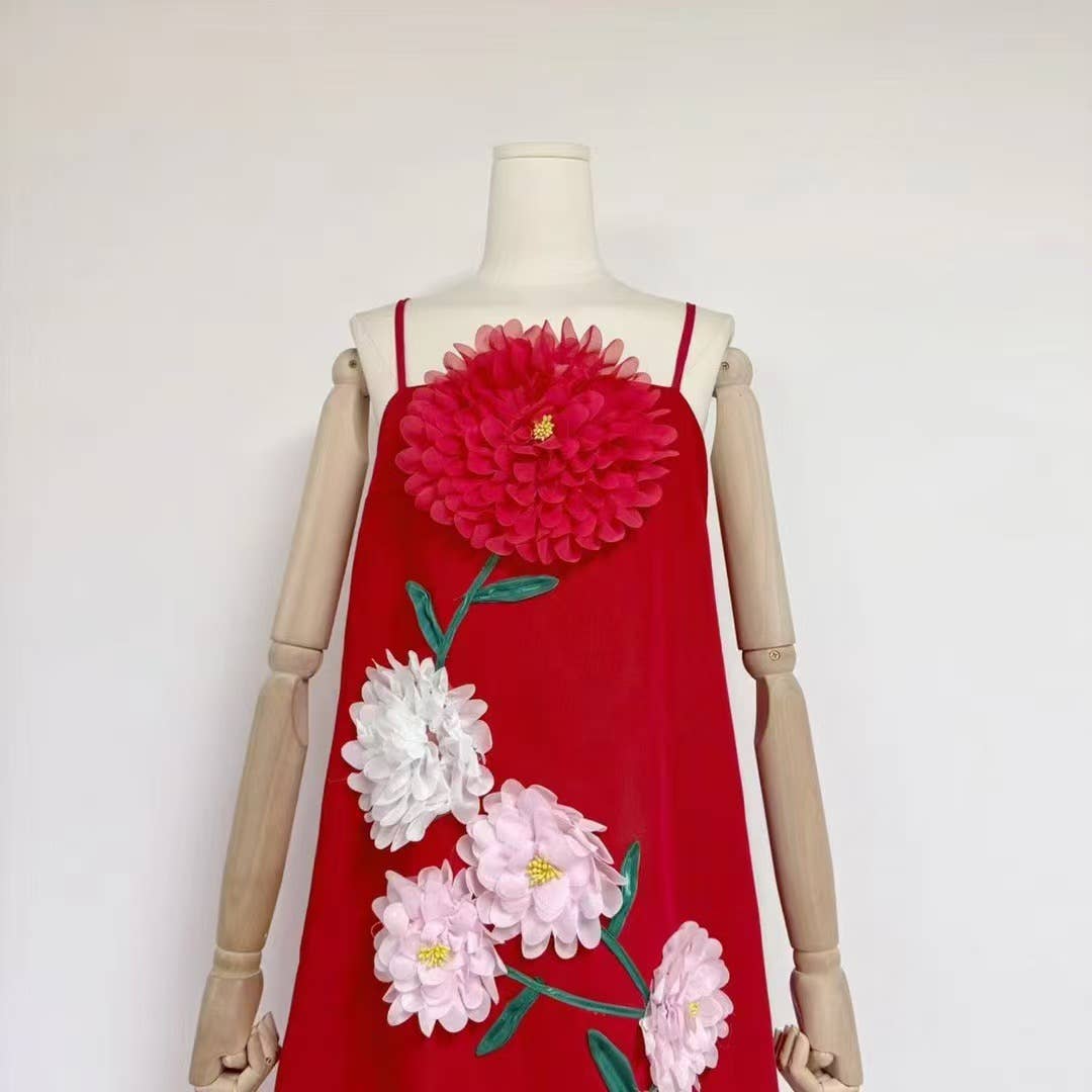 DR516Y Colorful 3D Floral Swing Suspender Long Summer Dress