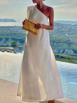 Loose Asym Solid Split One-Shoulder Maxi