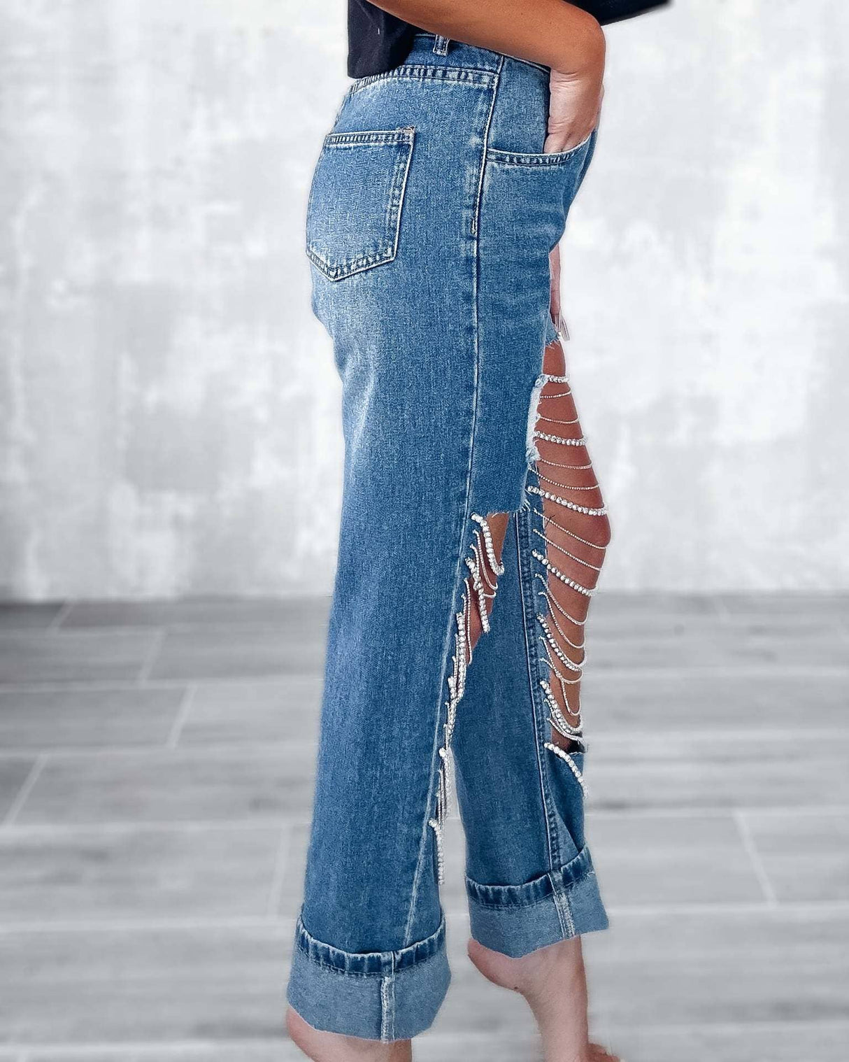 Denim & Diamonds Rhinestone Chain Ripped Cut Out Jeans