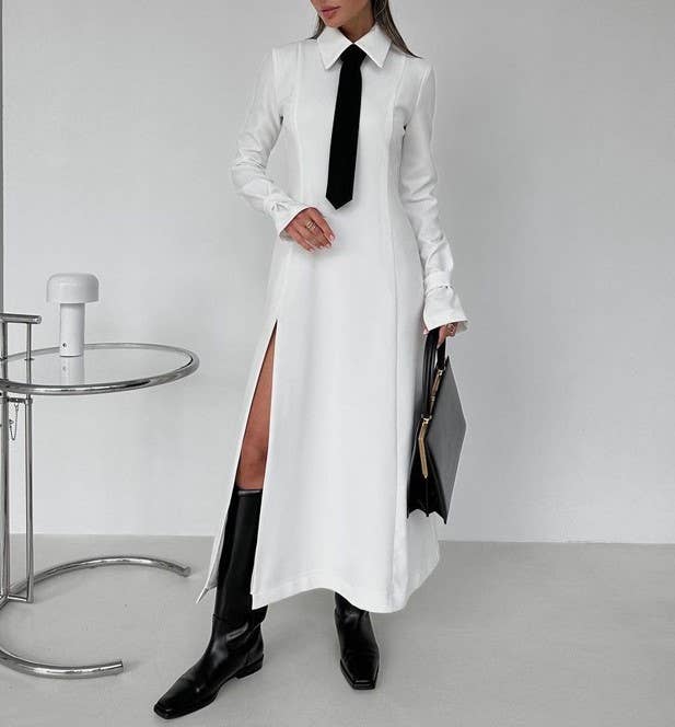 New style preppy necktie dress with lapel slit