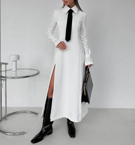 New style preppy necktie dress with lapel slit