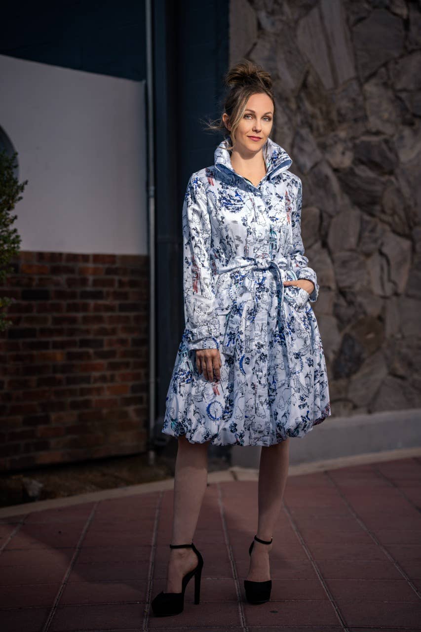 Printed Dupioni Bubble Coat Dress Fully Lined Zipper - 11665