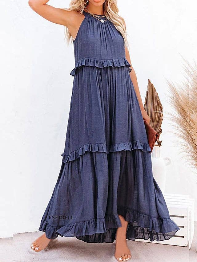 Resort-Style Ruffles Swing Floaty Lining Beach Dress