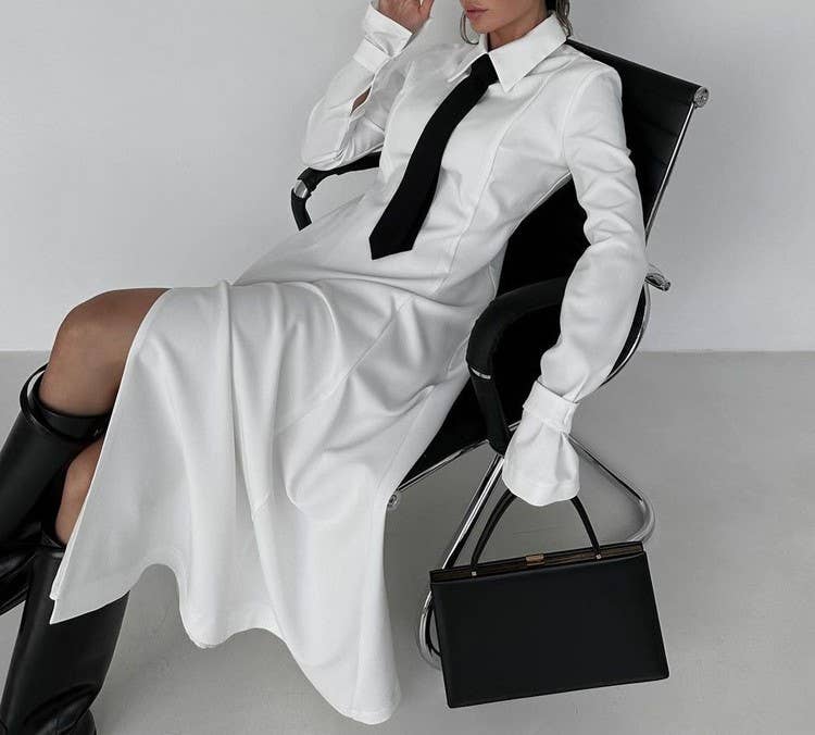 New style preppy necktie dress with lapel slit