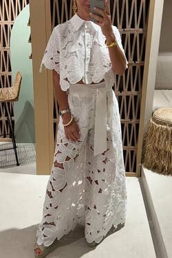 Crochet Floral Lace Button-down shirts & wide leg pant set