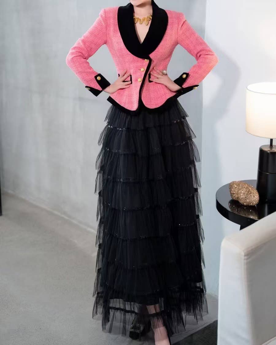SY314 Elegant Tweed Jacket with Mesh Sequined Maxi Skirt