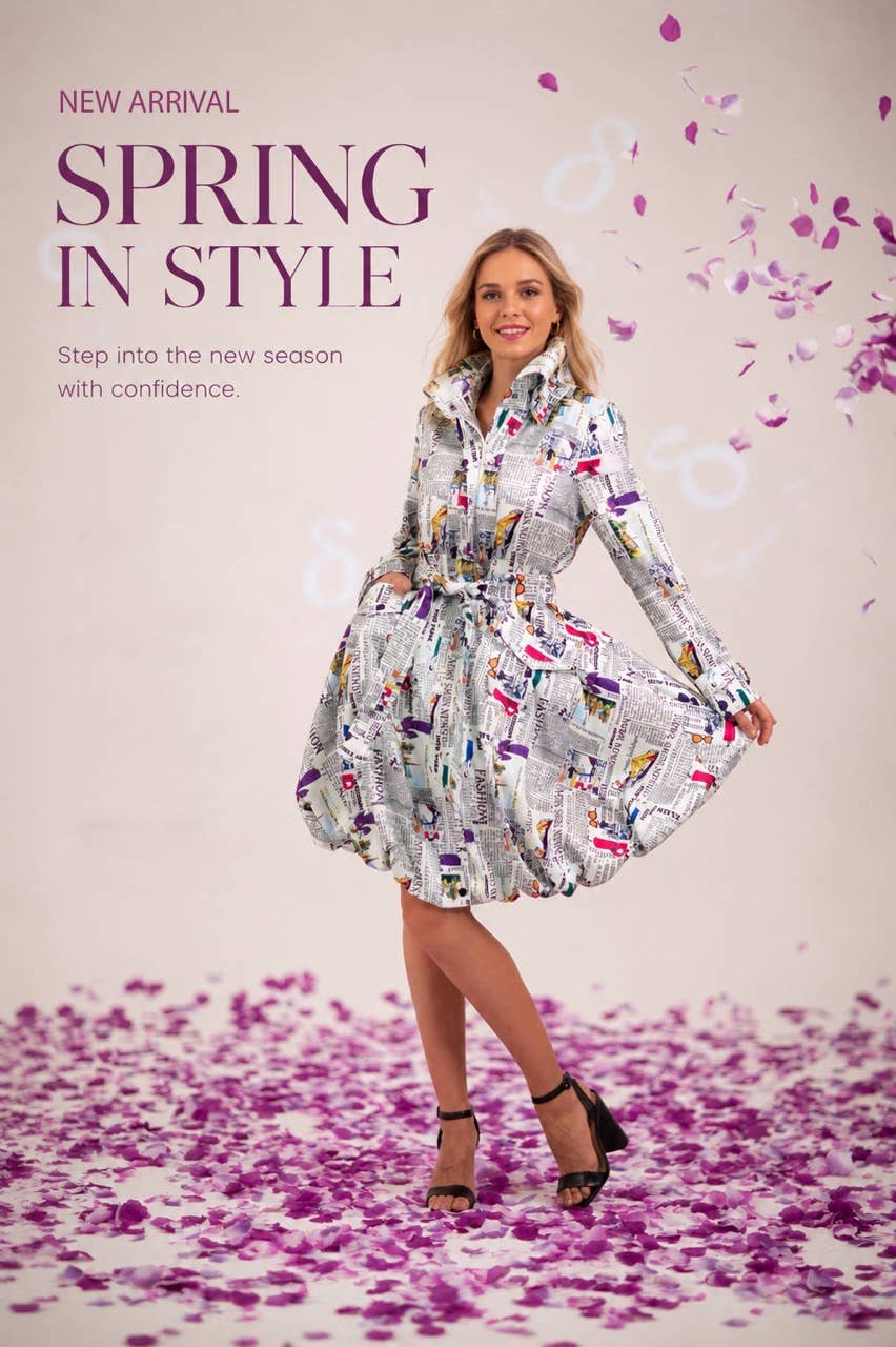 Printed Dupioni Bubble Coat Dress Fully Lined Zipper - 11665