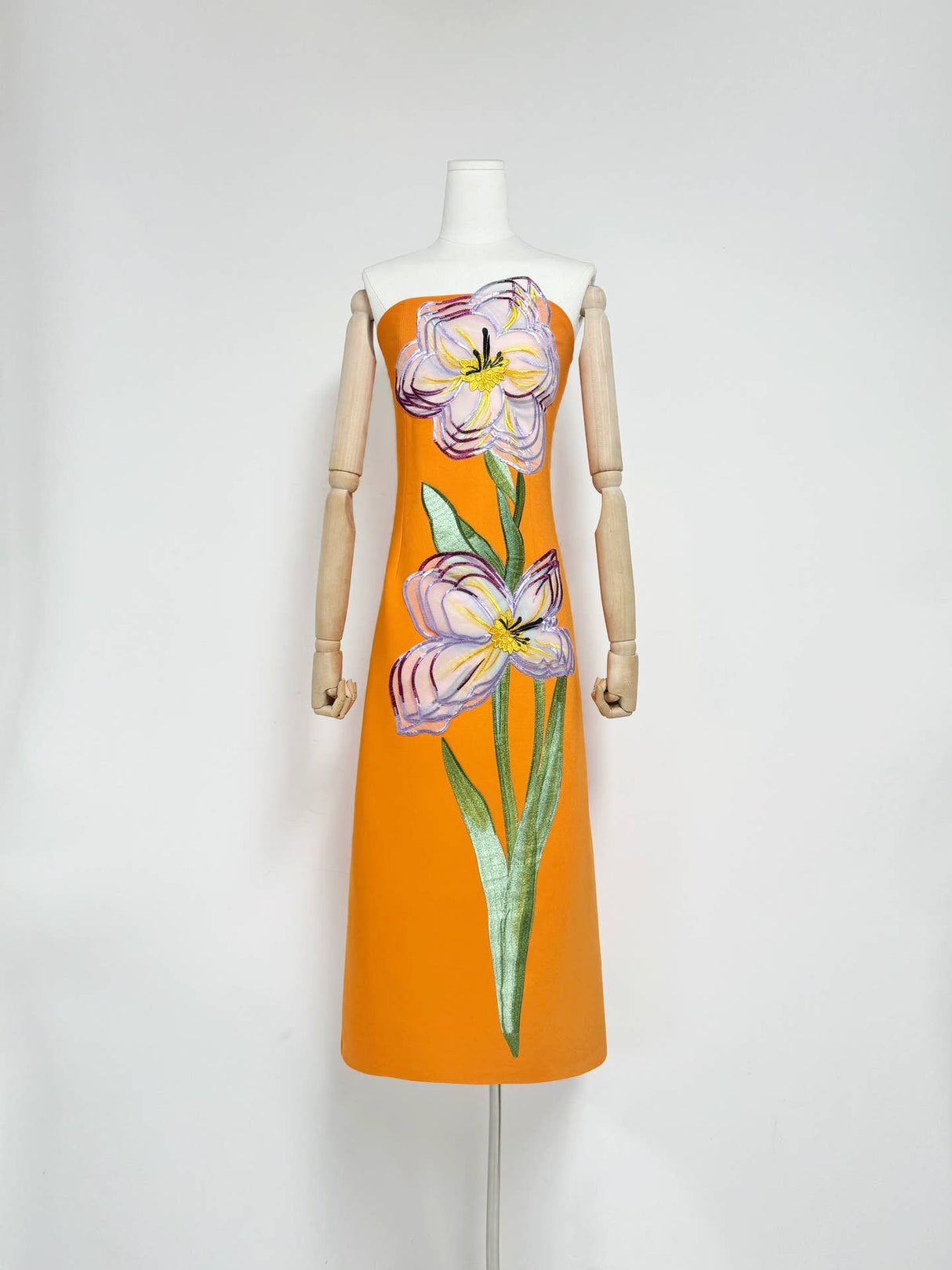 47Y Yellow Retro Tube Top Dress with 3D Floral Embroidery