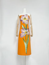 47Y Yellow Retro Tube Top Dress with 3D Floral Embroidery