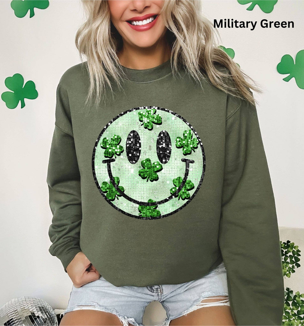 Faux Sequin smiley crewneck with shamrocks st patricks day