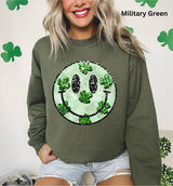 Faux Sequin smiley crewneck with shamrocks st patricks day