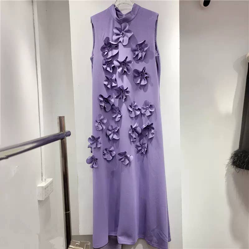 DR0206Y Chic Collar Sleeveless Dress with 3D Flowers