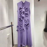 DR0206Y Chic Collar Sleeveless Dress with 3D Flowers