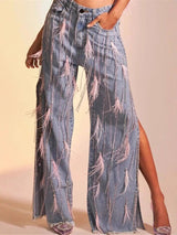 Women Fashion Feather Tassel Split Jeans