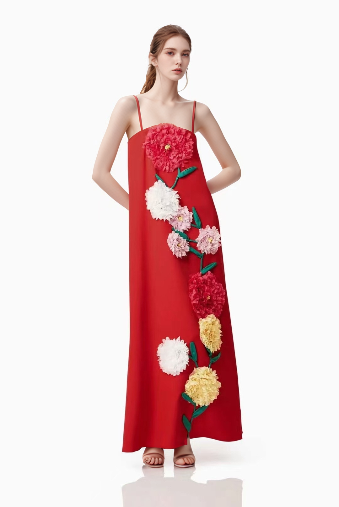 DR516Y Colorful 3D Floral Swing Suspender Long Summer Dress