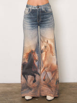 White Horse Digital Print Wide Leg Jeans