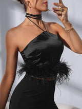 Halter neck fuzzy trim satin crop top
