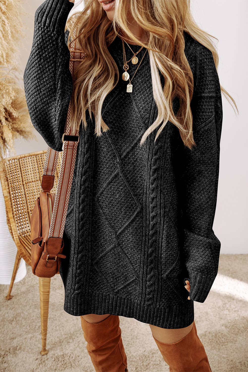 LDC Cable Knit Drop Shoulder Loose Fit Sweater Dress