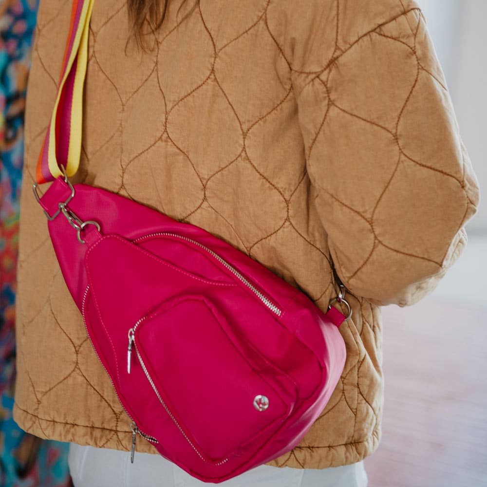 Hot Pink Solid SLING BAG with Striped Strap