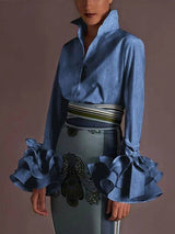 V neck long sleeve flower hem blouse