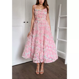 DR508 3D Rose Lace Pink Off-shoulder Holiday Suspender Dress