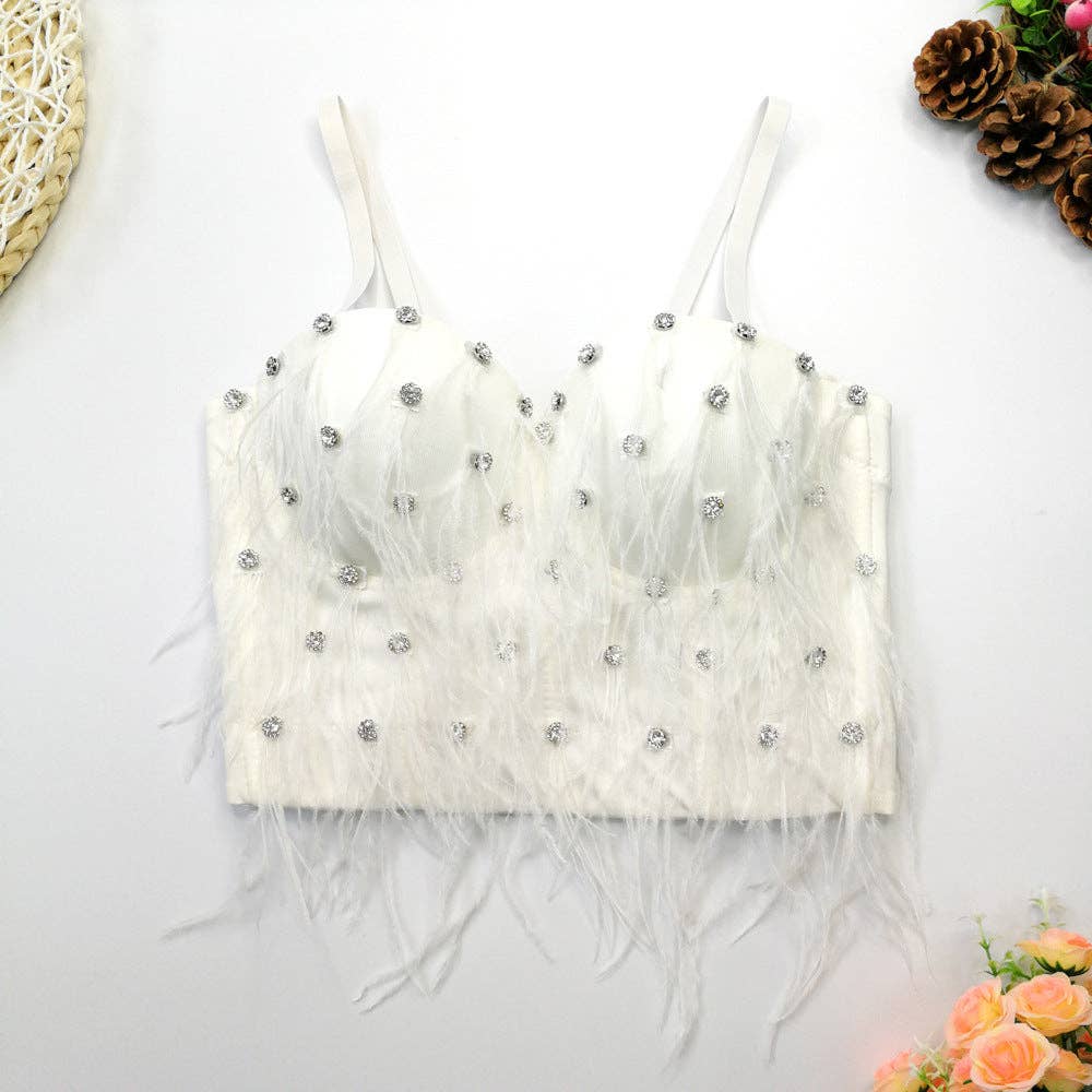 Feather Tassel Beaded Top with Rhinestones and Fur Liner for Winter