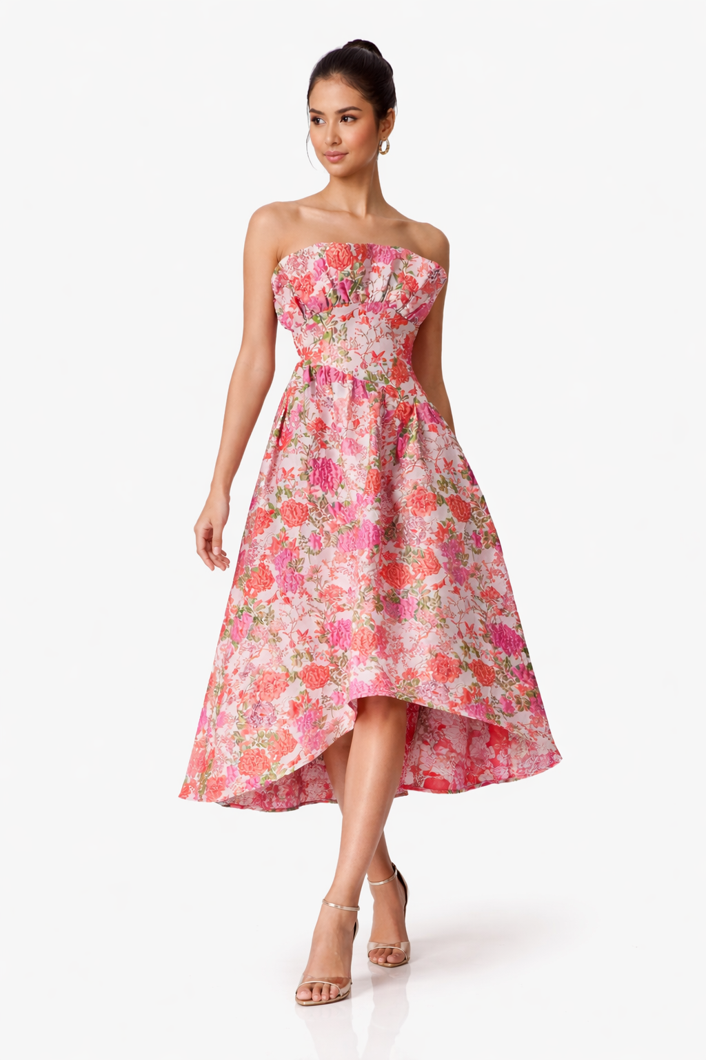 PS15 Pink Floral Jacquard Strapless High-Low Midi Dress