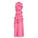 DR0206Y Chic Collar Sleeveless Dress with 3D Flowers