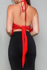 Halter neck fuzzy trim satin crop top