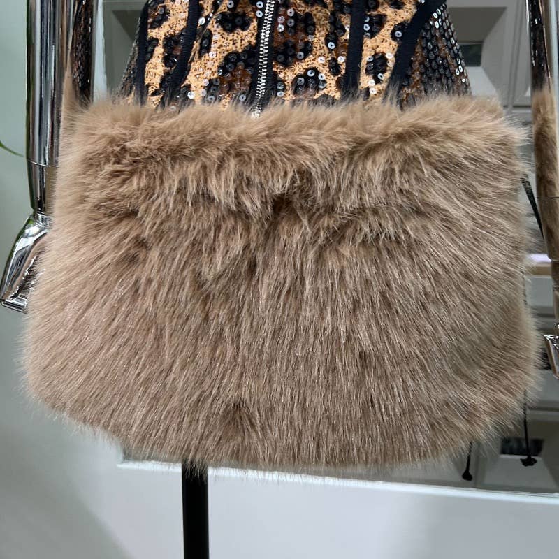 59Y Leopard Sequin Tube Top with Eco-Fur Three-Piece Set